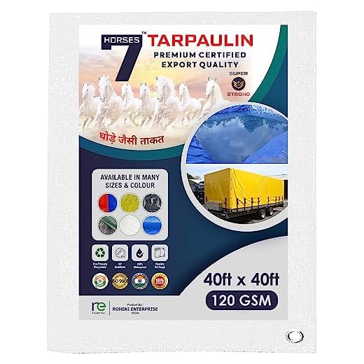 7 Horses 40 x 40 ft 120 GSM White Tarpaulin Tirpal Tadpatri Tharpai Thadika|Heavy Duty Poly Tarp with Aluminium Eyelets Every 7 feet|100% Waterproof Plastic Cover for Truck, Roof, Rain & More