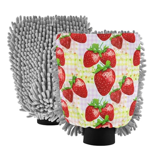 STAYTOP Cute Strawberries Car Wash Mitt Microfiber, 2Pcs Scratch Free Lint-Free, Premium Chenille Microfiber Mitt Car Wash Brush-M