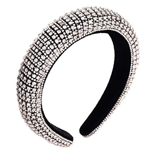 Velvet Padded Rhinestone Crystal Headband Wide Bejewelled Hairbands Hair Hoop Party Wedding Headwear Hair Accessories For Woman Girls (A Silver)