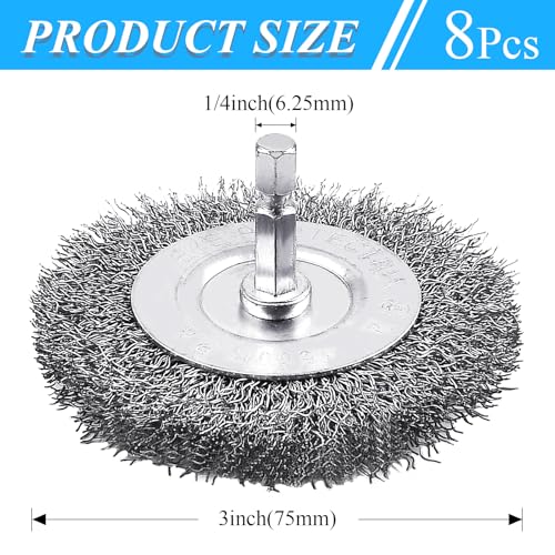 Image of Supkiir 8 Pack 3inch Wire Wheel Brush for Drill, Wire Brush for Drill with 1 /4 Inch Hex Shank, 0.01 inch Coarse Carbon Steel Bristles Brush Drill Attachment for Rust Removal Polishing