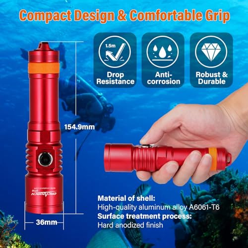 Image of ORCATORCH D710 Scuba Diving Light, 3000 Lumens Super Bright Underwater Flashlight with 6 Degrees Narrow Beam, IP68 Waterproof Night Dive Torch 150 Meters Submersible Light (Red)