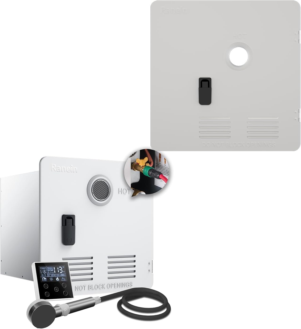 Ranein 65,000 BTU RV Tankless Water Heater, 9,800ft High Altitude Available, 12V, CSA Certificated, with 18" x 18" White Door, External Shower and Multi-function Controlle