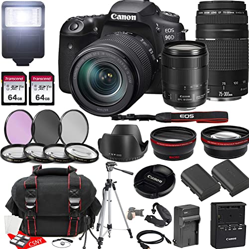 Canon Eos 90D Dslr Camera W/Ef-S 18-135Mm F/3.5-5.6 Is Usm Lens + 75-300Mm F/4-5.6 Iii + 2X 64Gb Memory + Hood + Case + Filters + Tripod + More (35Pc Bundle) #TOP17