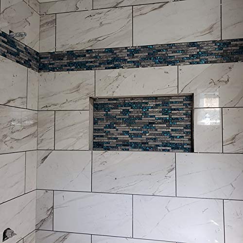 Stone Mixed Glass Kitchen Backsplash Linear Mosaic Tile Polished Gray & Teal Blue Bath Shower Wall Decor Narutal Marble Interlocking Pattern Art Mosaics (5 Square Feet) #TOP4