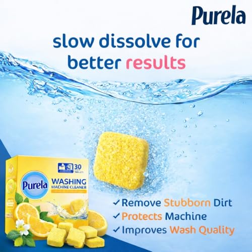 Image of Purela Washing Machine Cleaner Tablets - 90 Effervescent Tablets for Front & Top Load Washing Machines - Helps Reduce Odor, Residue & Scale Buildup(Lemon)