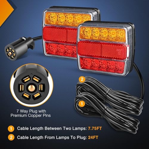 Magnetic LED Trailer Towing Light Kit 24ft Cable with 7 Pin Plug Tail Stop Amber Turn Signal License Plate Light on 12V RV Pickup Trucks Marine Boats Trailers, 2 Year Warranty (5 Wire System)