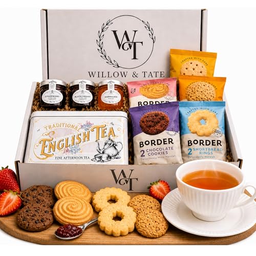 Afternoon Tea Gift Set English Tea (40 bags) 5 Luxury Biscuit Packs & 3 Mini Fruit Jams Elegant Tea & Biscuits Gift Box for Mum Birthday Thank You & Mothers Day Willow & Tate