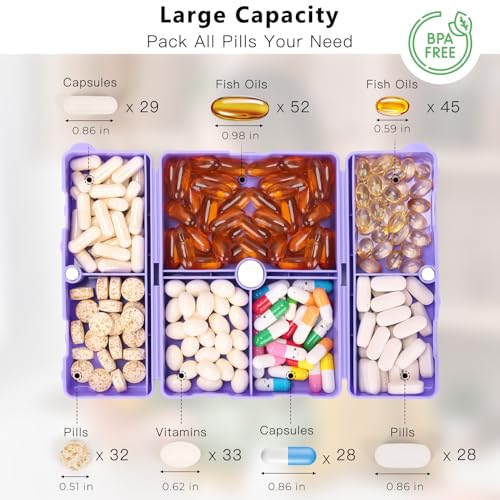 Image of FYY Travel Pill Organizer,7-Compartment Large Pill Box Medicine Case-Purple