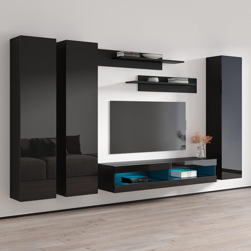 Meble Furniture Fly CD2 34TV Stand Wall-Mounted Entertainment Center — Floating Design with LED Lighting and Storage Shelves, 59.1 x 15.7 x 15.7 in — Black