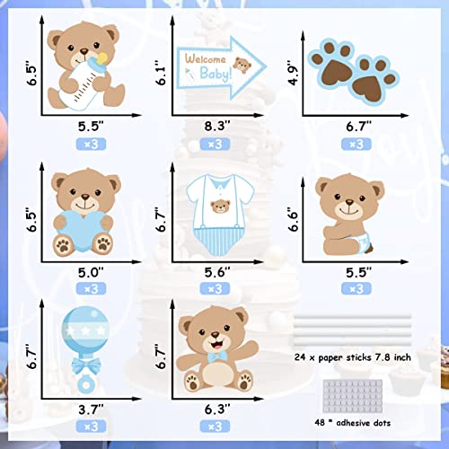 Cheereveal 24 Pieces Bear Baby Shower Centerpiece Sticks Bear Theme Boy Birthday Table Toppers Double Sided Print Photo Booth Props