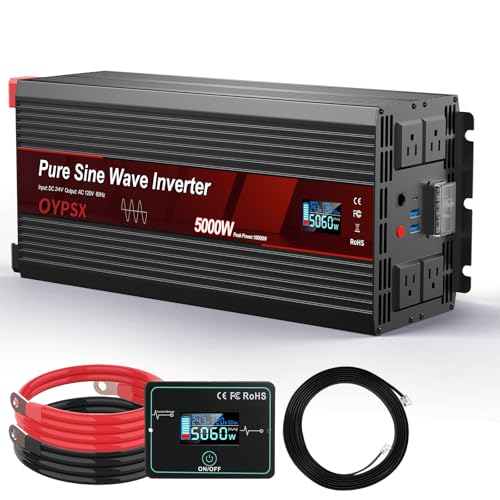 Image of OYPSX 5000W Power Inverter 24V to 110V 120V AC Pure Sine Wave Inverter for RVs Truck Camping,Outdoor Off-Grid Power Converter with LCD Display,Wired Controller,AC Outlets USB Ports(24V-5000Watts)