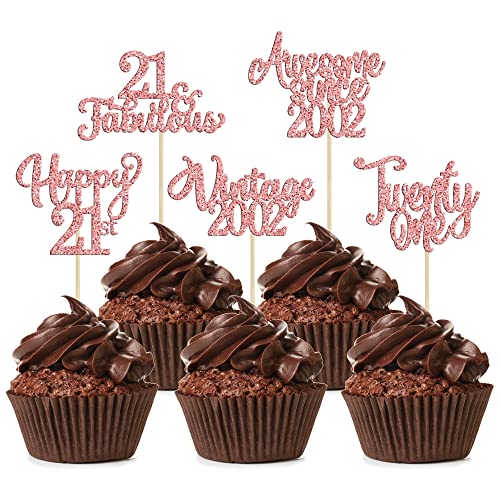 30Pcs Vintage 2002 Cupcake Toppers Glitter Twenty-One 21 Fabulous Happy 21St Birthday Cupcake Picks Cheers To 21 Years For 21St Birthday Anniversary Party Cake Decorations Supplies Rose Gold #TOP12