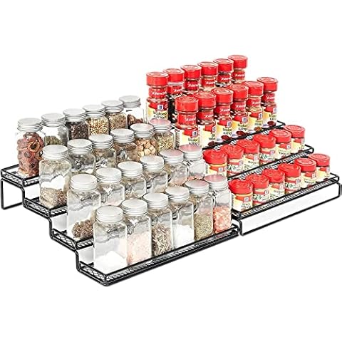 GEEBOBO 4 Tier Expandable Spice Rack Organizer for Cabinet Countertop Pantry Cupboard (12.5 to 25"W), Spice Storage Holder Seasoning Rack Organizer, Kitchen 4 Step Shelf with Protection Railing Large Size, Metal, Black, 2Pack Cover