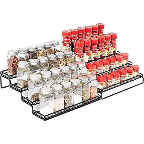 GEEBOBO 4 Tier Expandable Spice Rack Organizer for Cabinet Countertop Pantry Cupboard (12.5 to 25\"W), Spice Storage Holder Seasoning Rack Organizer, Kitchen 4 Step Shelf with Protection Railing, Metal, Black, 2Pack