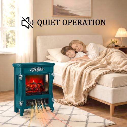 Image of FESTIVITY 18 inch Electric Stove Fireplace, 1500W Thermostat with 5100 BTU Heat Output, Adjustable Flame & Brightness Levels, Portable Electric Fireplace for Bedroom & Living Room-Teal & Silver