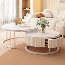 Storage Coffee Table 31.5" Coffee Table White Modern Circle Coffee Table Set 2 in 1 Round Coffee Tables Living Room Farmhouse Coffee Table Easy Assembly for Liv,70cm/27.5"