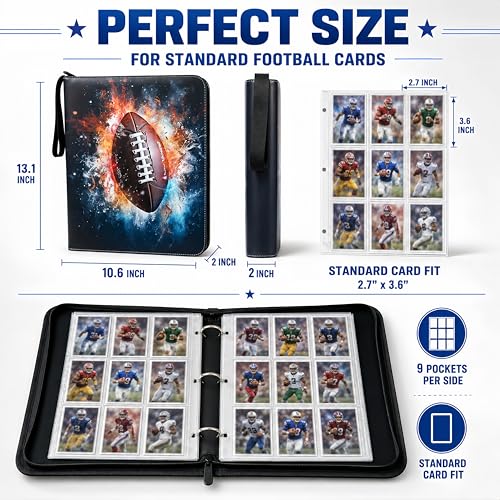 CHIMORY Football Card Binder 900 Pockets, PU Leather Trading Card Holder with 50 Removable 9-Pocket Sleeves, Large 3-Ring Zipper Sports Card Collection Album for Boys & Collectors by CHIMORY - Used condition - Image 2