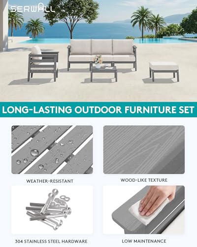 Image of SERWALL HDPE Patio Furniture Set, 6 Pieces Outdoor Sectional Sofa Set | All-Weather Wood-Like Outdoor Sofa Couch with Coffee Table, Modular Design for Flexible Combination