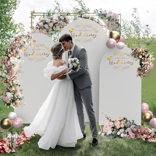 MYSWEETY Set of 3 Metal Arch Backdrop Stand and Cover Set, 4FT/5FT/6FT Wedding Arch Frame, Gold Arch Stand for Birthday, Party, Baby Shower, Ceremony Decor(White) - Thumbnail 5