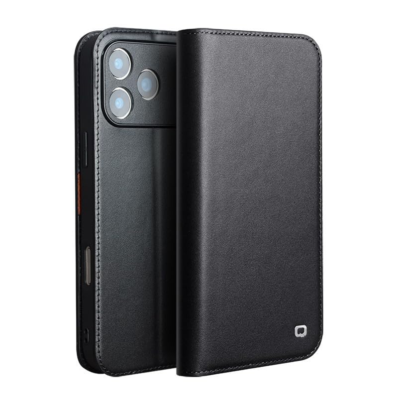 Étui iPhone 17 Pro Max noir à rabat magnétique en cuir véritable