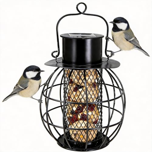 Suet Ball Bird Feeder Outdoor Hanging- Heavy Duty Metal Bird Feeder with Solar Lights,Chew-Proof,Outdoor Solar Lantern Feeder for Small Birds, Unique Gifts for Mom, Grandma (Black)