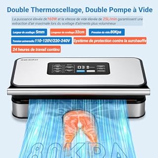 INKBIRD Machine Sous Vide Professionnelle pour Alimentaire, Double Pompe, Automatique, Modes Sec/Humide/Liquides, 20L/min, 160 Watts, Silencieuse, Coupeur Intégré et Rangement, Sacs et Rouleaux Inclus