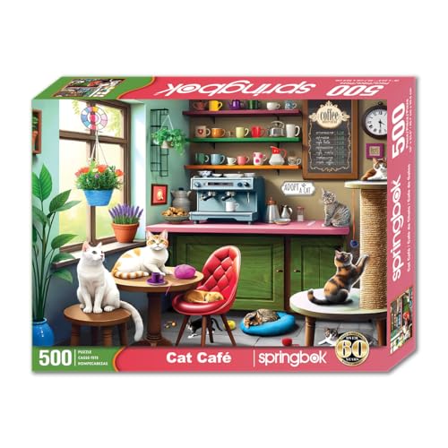 Rompecabezas Springbok 'Cat Café', 500 piezas, para adultos, piezas únicas, fabricado en EE.UU., materiales ecológicos con gatitos juguetones y ambiente acogedor de cafetería miniatura 2