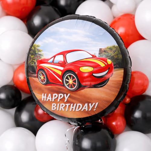Image of Rozi Decoration Car Racing Theme Birthday Decoration Kit with Car Foil Balloons, Trophy Balloon, Happy Birthday Paper Banner and Red Black White Balloons - 52 Pieces Set