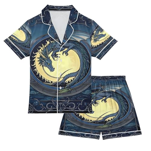 ALAZA Dragon Moon Blue Satin Pajamas Set Short Sleeve Button Down Sleepwear Summer Pjs 2 Piece