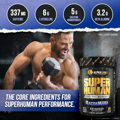 Image of ALPHA LION Core Pre Workout with Creatine for Performance, Beta Alanine for Muscle, L-Citrulline for Pump & Tri-Source Caffeine for Sustained Energy (60 Servings, Razzle Mania)