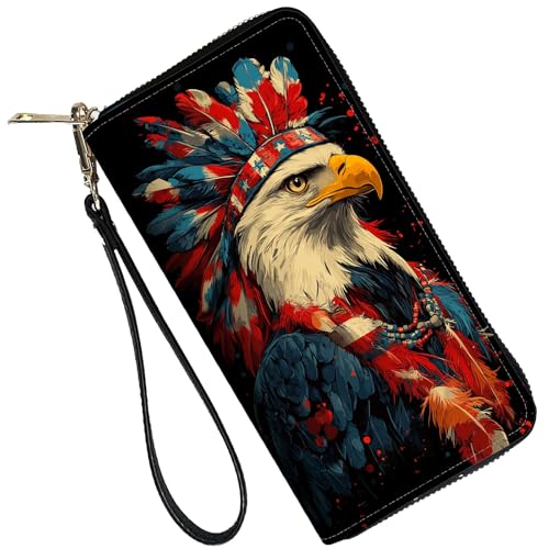 Image of RFID Blocking Leather Wallet for Women - Large Capacity Zip Around Clutch with 8 Card Slots,9 Cash Pockets & Coin Zipper,Bald Eagle Tribe Chief