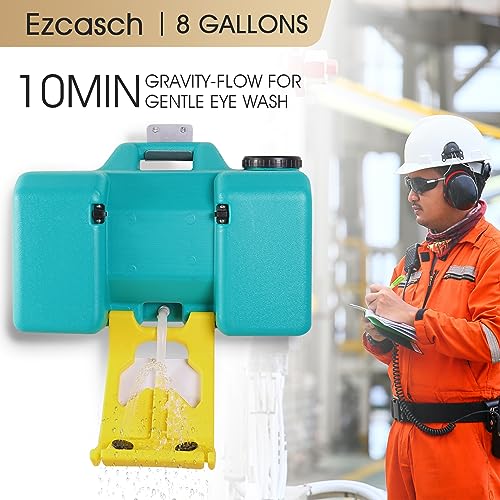 Image of Portable Eyewash Station 8-Gallon OSHA Approved with One Station Sign and Two Inspection Tags, Wall-Mounted Gravity-Flow Indoors and Out, 30L Refillable Eyewash Station Heavy Duty