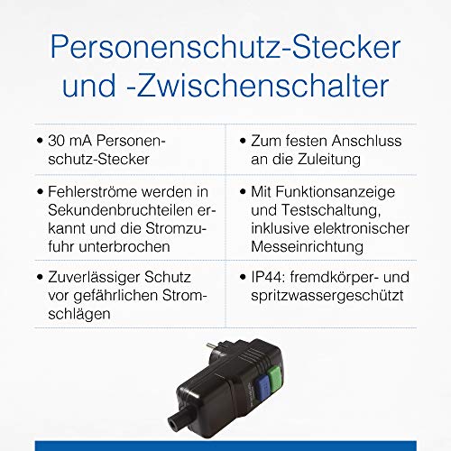 as - Schwabe PRCD Personenschutzstecker 30 mA – Schutzkontaktstecker 230V/16 A für den Außenbereich, zum festen Anschluss an die Zuleitung, mit Funktionsanzeige & Testschaltung, IP44, 45209