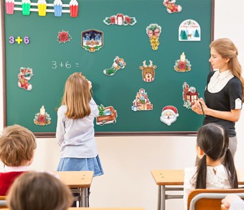 Image of Hying 52 PCS Christmas Cutouts Xmas Santa Bell Bulletin Board Set Christmas Reindeer Cutout Decorations Winter Holiday Cutouts Cardstock Paper Cut-Outs for Classroom Chalkboard Christmas Decorations