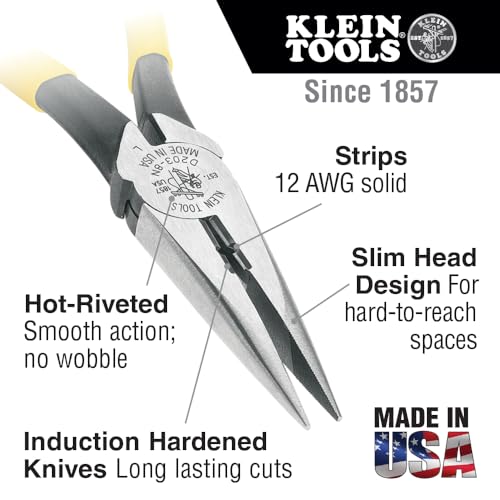 Image of Klein Tools D203-8N Needle Nose Pliers and Wire Stripper, Long Nose Side Cutters with Wire Striping Hole, Heavy Duty Alligator Pliers, 8-Inch