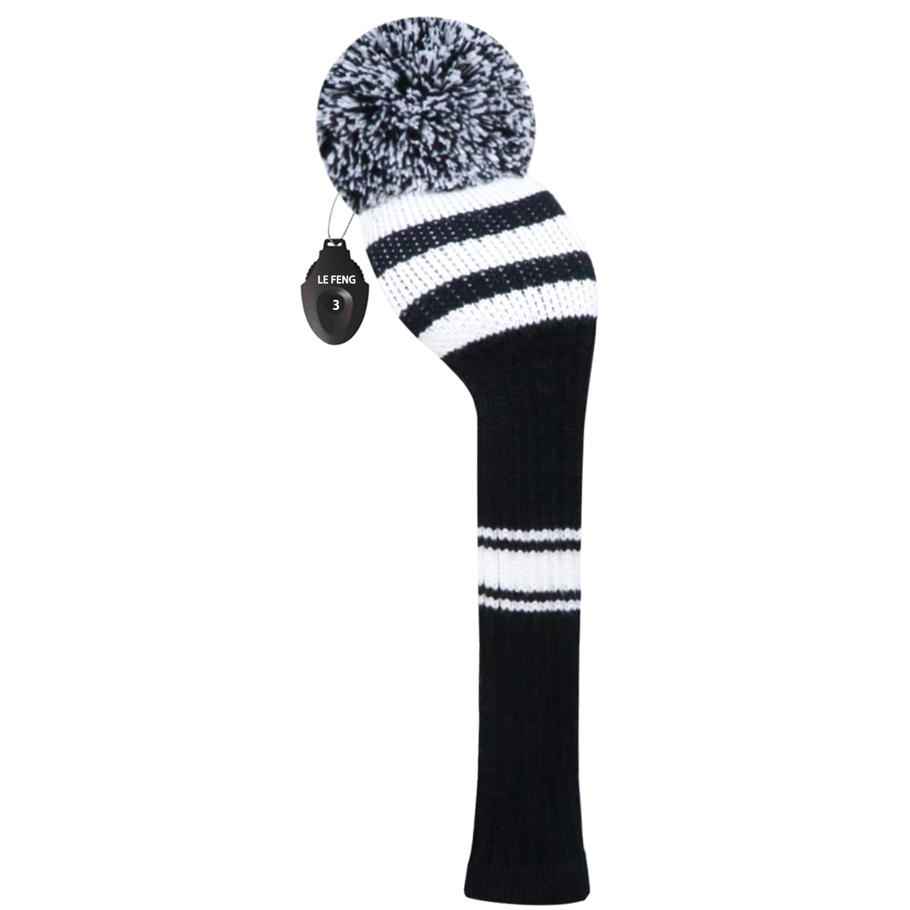 LeFeng 1Pcs Golf Club Cover, Knitted Golf Head Cover for 460cc Driver Fairway Woods and Hybrid with Cute Pom Pom and Number Tag(White Black Stripes,for Fairway)