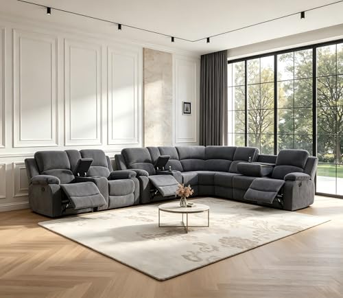 Caberryne Fabric Reclining Sectional Sofa Set with 4 Manual Recliners, 8-Seat L-Shaped Corner Couch and Loveseat with Coffee Table/Storage/Cup Holders for Living Room/Home Theater/Office(Gray)