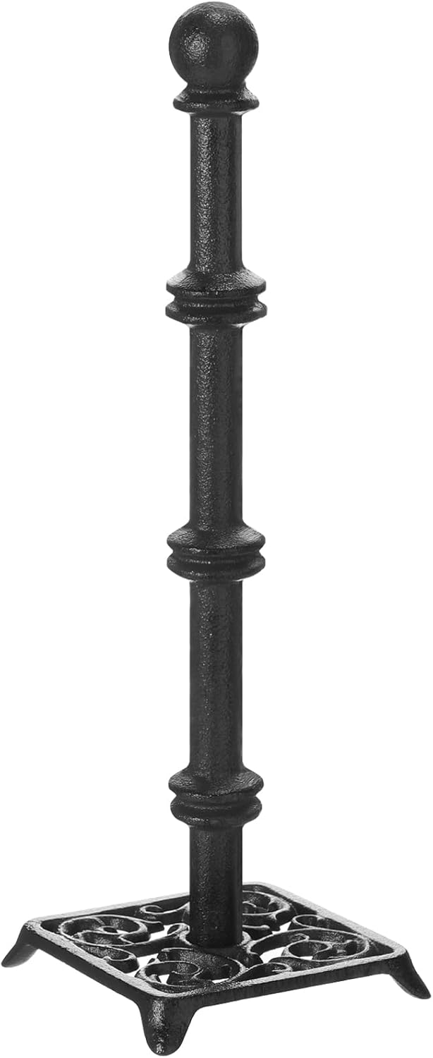 Mifoci Black Paper Towel Holder Countertop Cast Iron Standing Paper Roll Holder with Anti Slip Weighted Base Farmhouse Tissue Towel Stand for Kitchen Counter Fits Standard Large Size Tissue (Round)