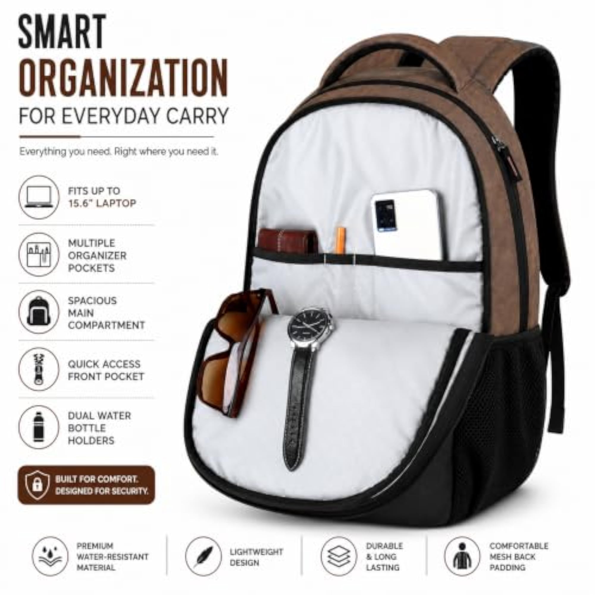 Faux Leather Laptop Backpack for Men & Women, Water Resistant