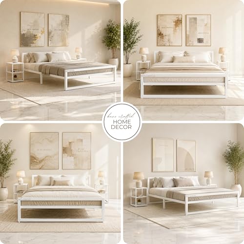 Image of Queen Size Metal Bed Frame | Queen Metal Bed | Queen Iron Bed | QueenSize Steel Bed | Heavy Duty Platform Bed | Wrought Iron Bed | Double Bed Cot | Steel Slats | No Box Spring Needed |White
