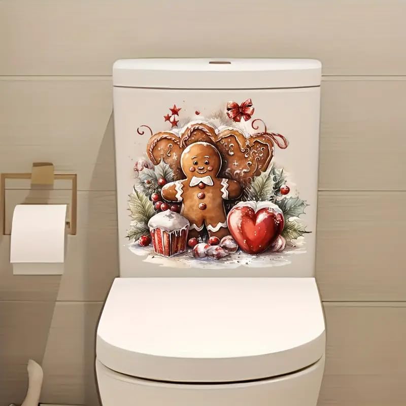 Christmas Dessert Gingerbread Man Toilet Cover Sticker Decals,Fish Bird Flower Leaf Waterproof Toilet Lid Tank Seat Decals Cistern Self-Adhesive Bathroom Wall Sticker
