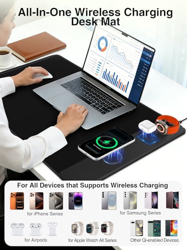Image of Mouse Pad with Magnetic Wireless Charging, Large Desk Mat, Non-Slip Mouse Mat, Keyboard Pad for Gaming, Desk, Office, PC