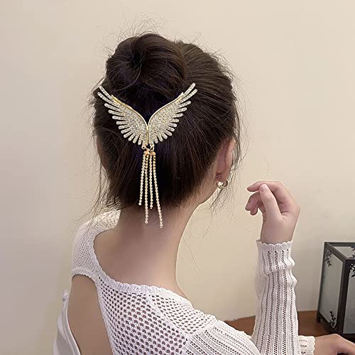 Myhiju Angel Wings Rhinestone Hair Clips,Gold Hair Barrettes Tassel Claw Clips Pearl Hair Styling Accessories Pill Head Hair Accessories High Ponytail Coiled Hair Pins Shiny Hair Accessories For Girls #TOP7