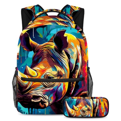 Sac à dos rhinocéros d'art grand modèle pour ranger facilement les grands cahiers d'école