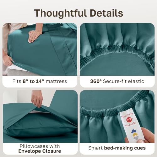 Image of California Design Den Deep Pocket King Sheet Set - Natural 100% Cotton Sheets King Size, Soft Sateen Weave, Breathable and Durable Bedding Set Teal (Deep Tone)