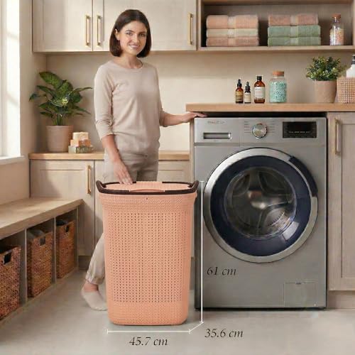 Image of Plastic Laundry Basket with Lid | 60L Extra Large Knit Hamper | Strong & Durable | Ideal for Bathroom, Bedroom & Kids Room | Multipurpose Cloth Storage Organiser | 36 x 46 x 61 cm | Light Peach