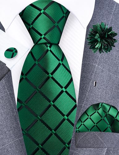Image of GUSLESON 3.15 inch(8cm) Mens Tie and Lapel Pin Plaid Checkered Necktie Hankerchief Cufflinks Set for Men