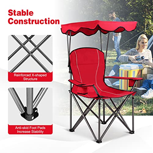 Bettary Camping Chair With Canopy, Portable Sports Chair Beach Chair W/Carry Bag Sunshade Cup Holders & Collapsible Steel Frame For Beach Concert Travel Festival, Outdoor Folding Chair (Red) #TOP3
