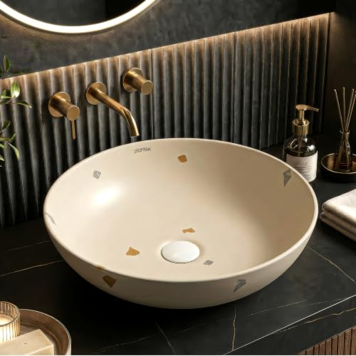 Image of Plantex Wash Basin /Ceramic Table Top Wash Basin /Designer Countertop Basin for Bathroom /Restaurants /Hotel (Khakhi - 16 x 16 x 5 Inch)