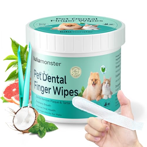 LULUMONSTER Pet Dental Finger Wipes for Dogs & Cats, Dog Teeth Cleaning Wipes Tooth Brushing Kit by Remove Plaque and Tartar & Freshens Breath Buildup No-Rinse Dog Finger Toothbrush Mint Flavor